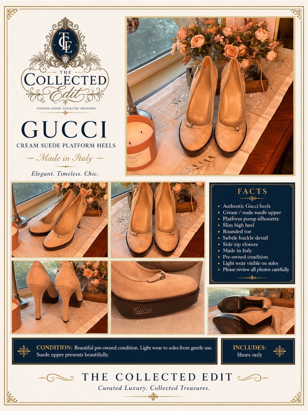 Gucci Cream Suede Platform Pumps with Subtle Buckle